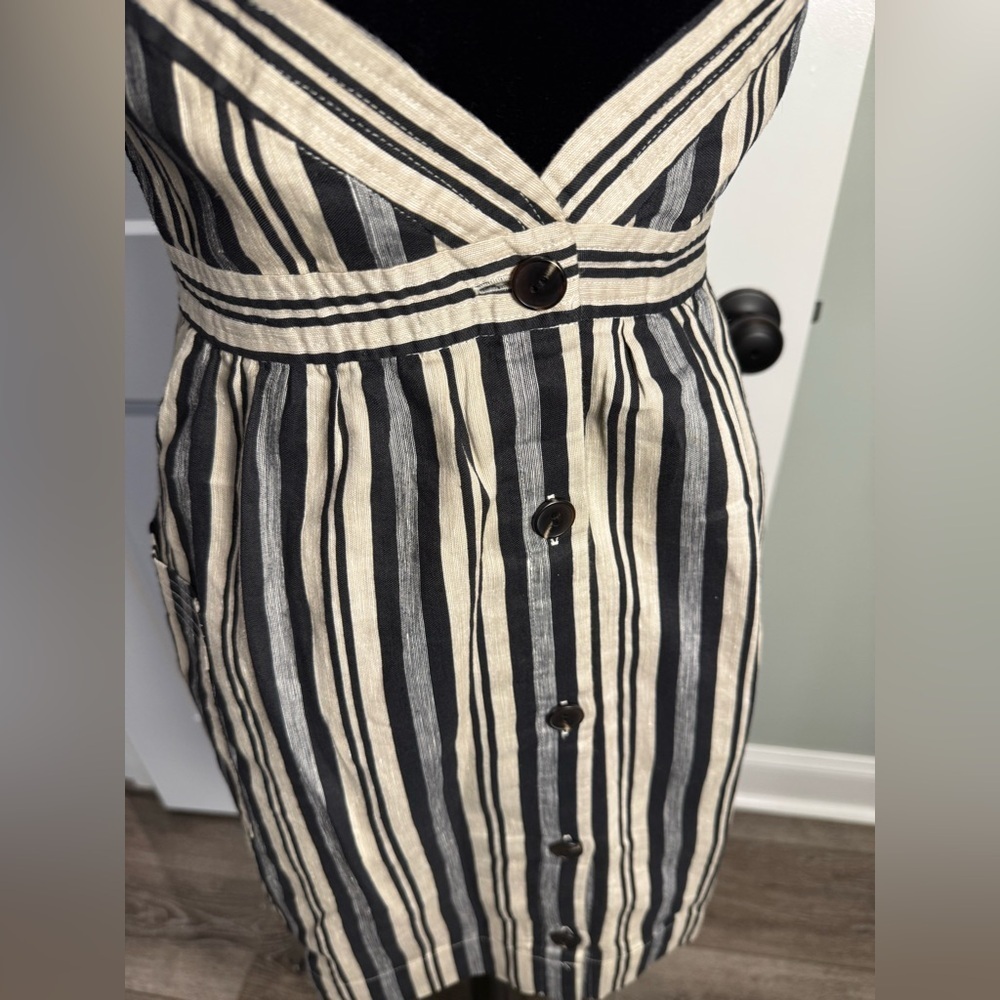Madewell Apron Mini Dress in Evelyn Stripe linen cotton blend cross back pockets - Picture 5 of 11